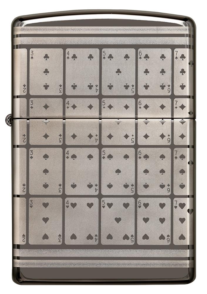 Frontansicht Zippo Feuerzeug Black Ice mit Spielkarten Motiv