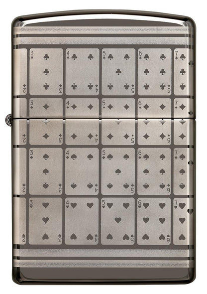 Frontansicht Zippo Feuerzeug Black Ice mit Spielkarten Motiv