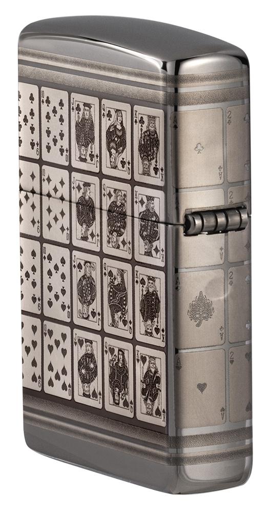 Seitenansicht Rückansicht Zippo Feuerzeug Black Ice mit Spielkarten Motiv