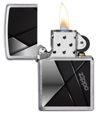 Briquet Zippo vue de face ouvert et allumée avec une illustration en couleur gris et noir et le logo de Zippo