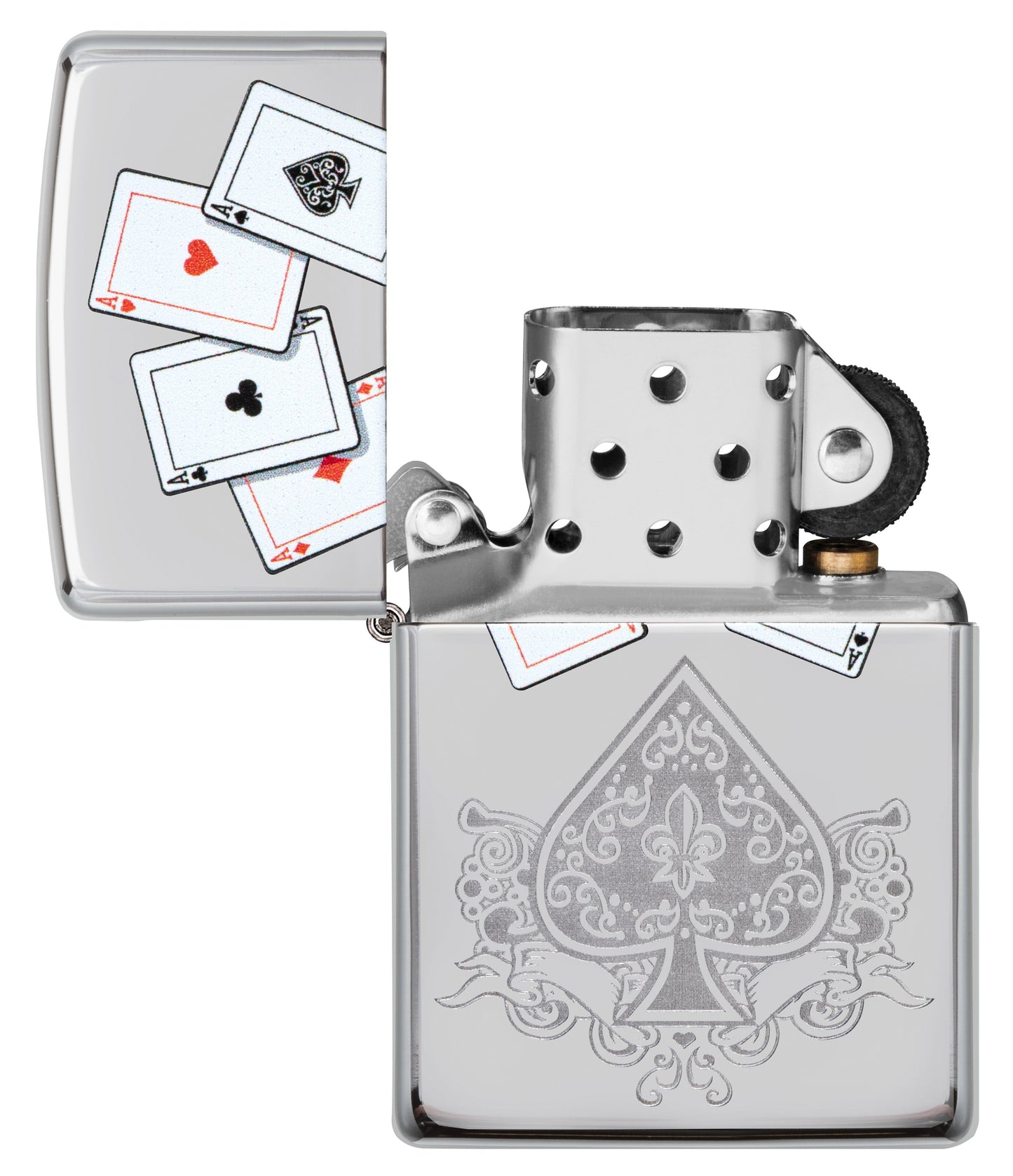 Vue de face du briquet tempête Zippo Aces Design éteint, sans flamme