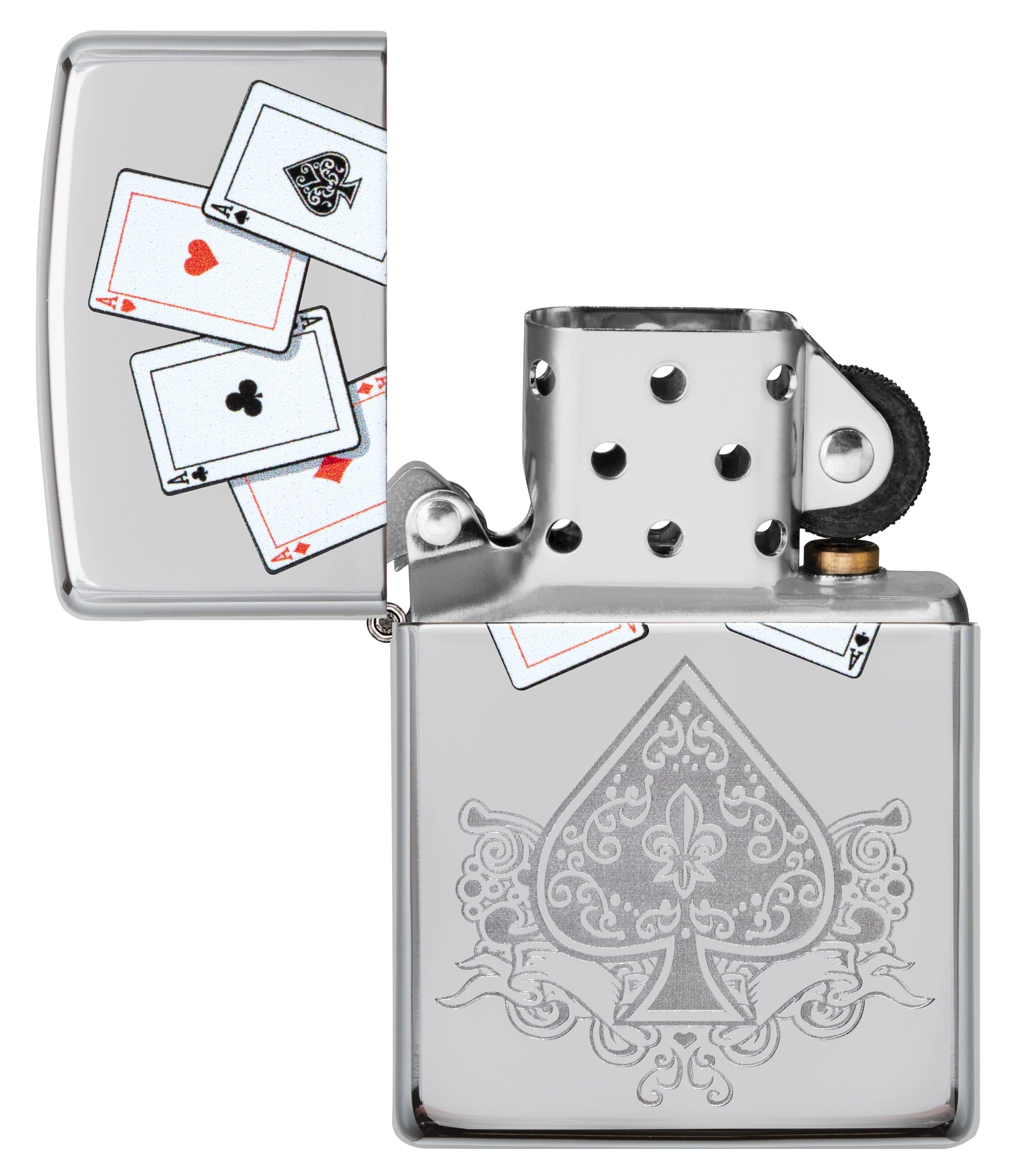 Vue de face du briquet tempête Zippo Aces Design éteint, sans flamme