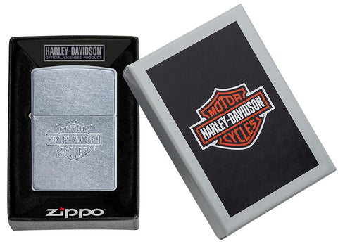 Zippo Feuerzeug chrom mit Harley-Davidson Logo in offener Pappschachtel