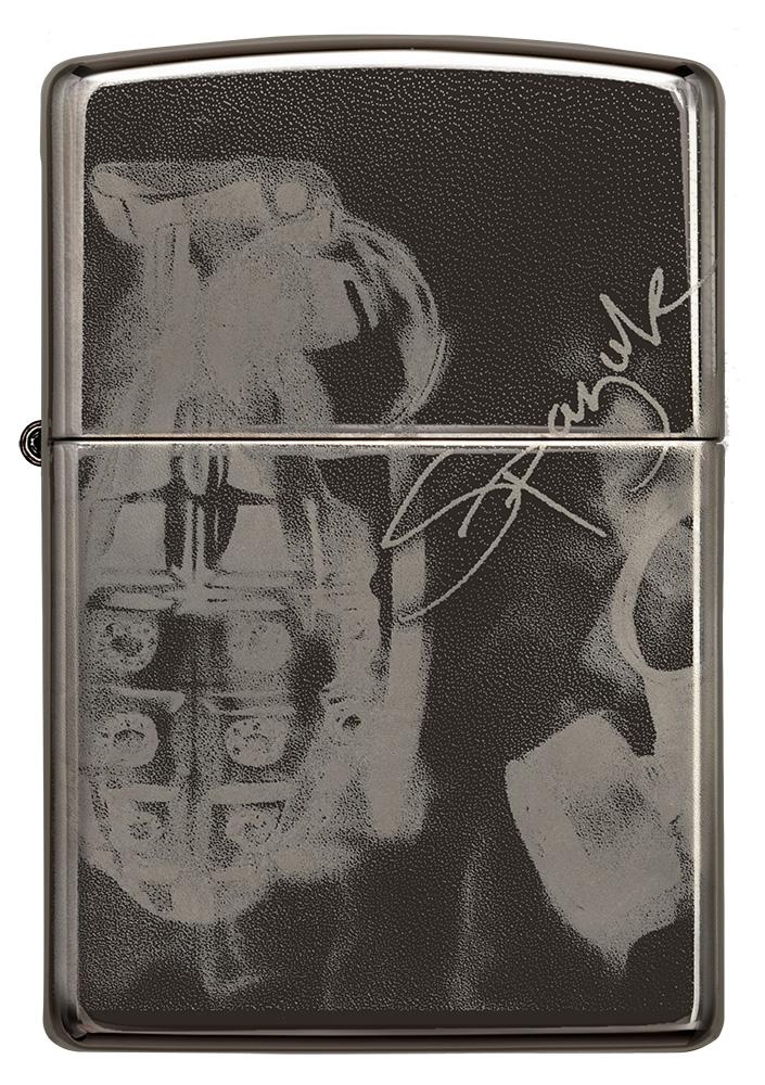 Frontansicht Zippo Feuerzeug High Polish Schwarz mit Design des Künstlers Spazuk und Unterschrift 