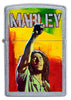 Zippo Feuerzeug Frontansicht verchromt mit farbiger Abbildung von Bob Marley mit erhobener Faust