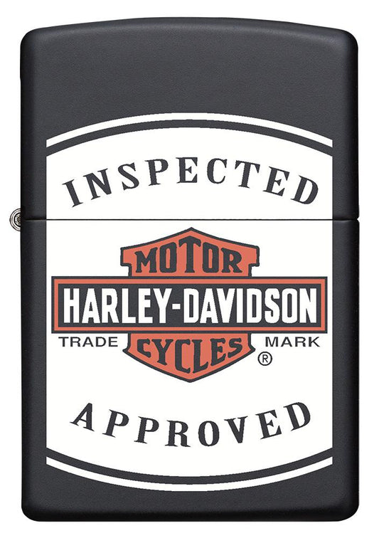 Frontansicht Zippo Feuerzeug Schwarz Matt mit Harley Davidson Logo und Inspected Approved Schriftzug