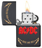 Zippo Feuerzeug AC/DC® Frontansicht geöffnet und angezündet mit Titel des ersten Albums und Rock and Roll Slogan umgeben von Blitzen mit AC/DC® Logo in der Mitte in rot auf schwarzem Hintergrund