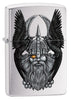 Zippo Feuerzeug Frontansicht 3/4 Winkel Chrome gebürstet mit Göttervater Odin Kopf