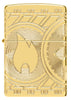 Zippo Feuerzeug Frontansicht Währung Design, das die Zippo Flamme auf einer Münze mit Bögen von Kreisen in tiefen Gravur