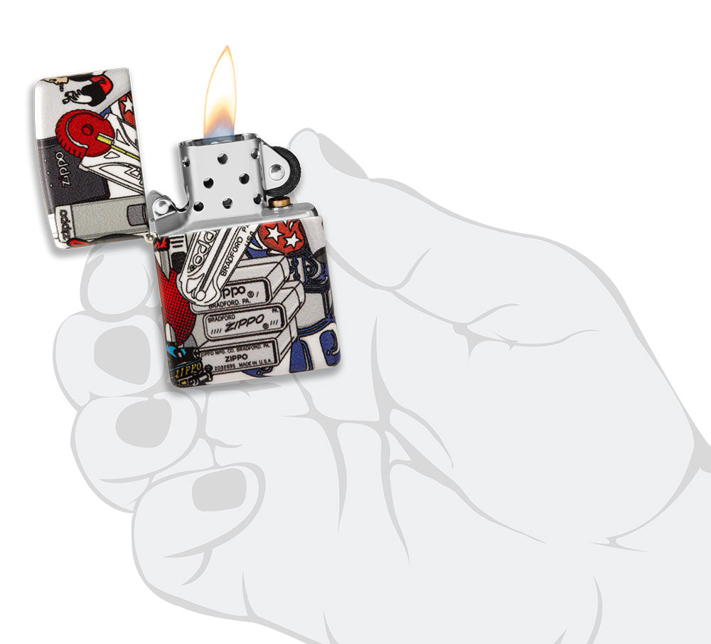 Frontansicht Zippo Feuerzeug Suchspiel mit Zippo Style geöffnet mit Flamme in stilisierter Hand