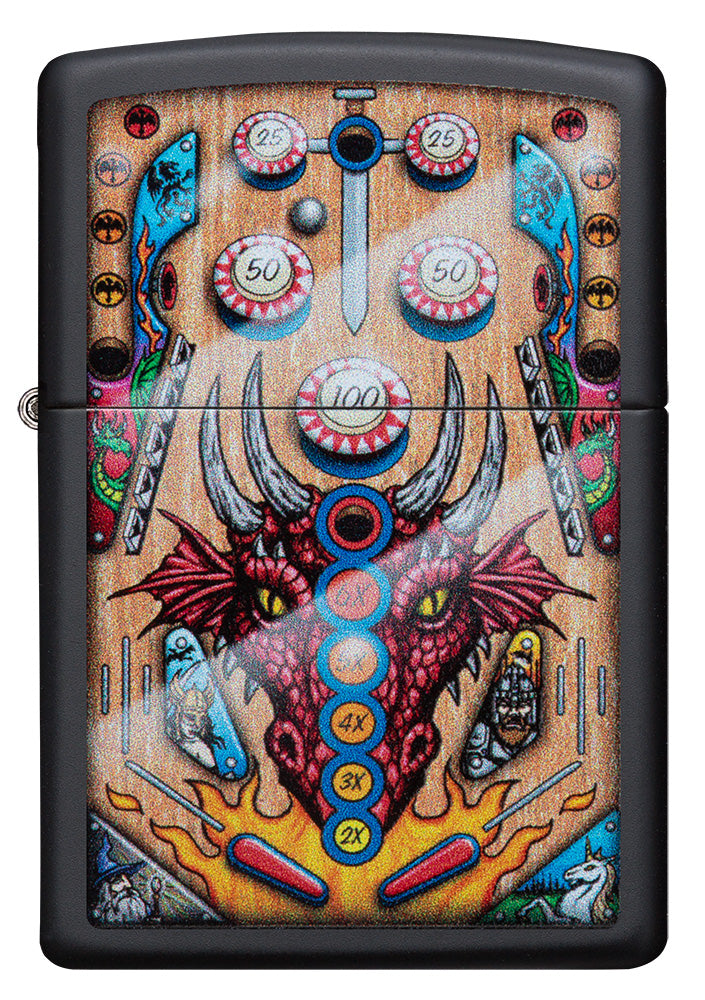 Frontansicht Zippo Feuerzeug Pinball Flipper Design mit Drachenkopf