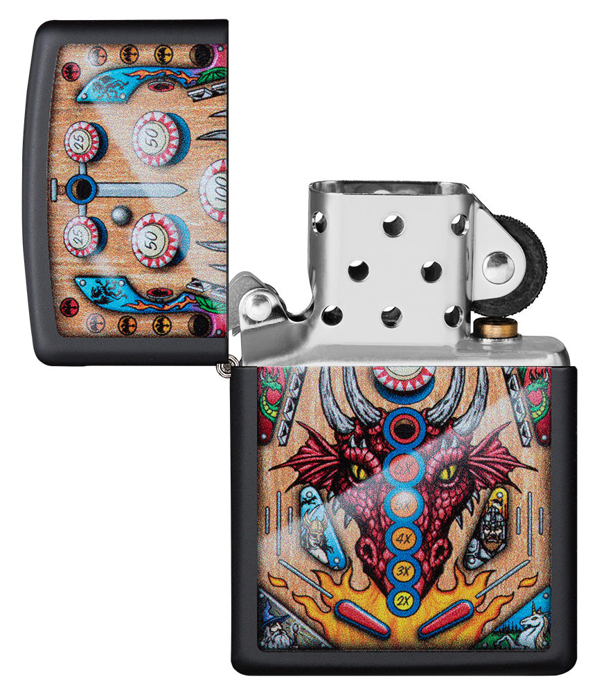 Zippo Feuerzeug Pinball Flipper Design mit Drachenkopf geöffnet ohne Flamme