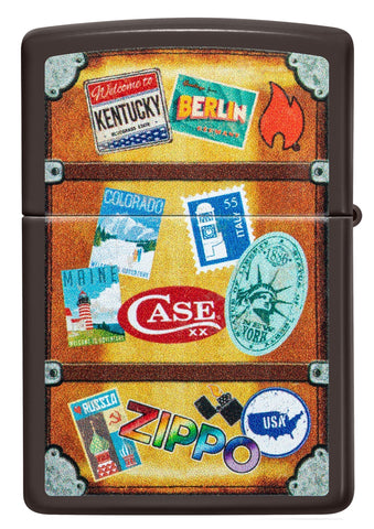 Zippo Feuerzeug Rückansicht braun, die einen Koffer mit verschiedenen Städteaufklebern, wie Paris, Hawaii, Barcelona, New York