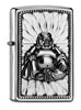 Zippo Feuerzeug Frontansicht ¾ Winkel gebürstetes Chrom mit sitzendem silberfarbenen Buddha Emblem