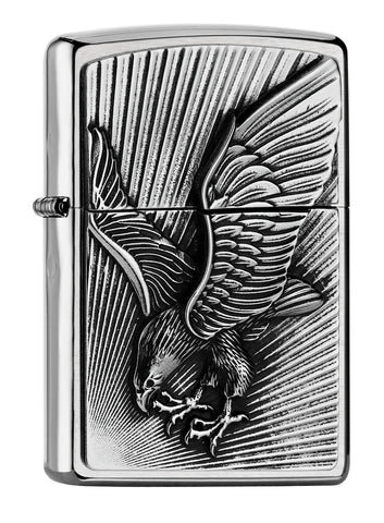 Zippo Feuerzeug Frontansicht ¾ Winkel in gebürsteter Chrom Optik mit Adler Emblem