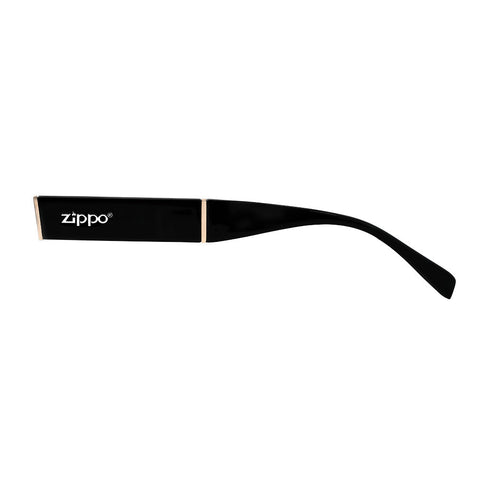 Zippo Brillenbügel Frontansicht in schwarz mit weißem Zippo Logo und Verbindungsstellen in hellrosa