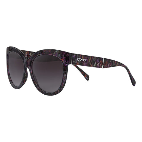 Zippo Cat Eye Sonnenbrille Frontansicht ¾ Winkel in verschieden Violetttönen mit Zippo Logo am Bügel in weiß