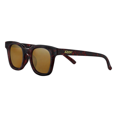Zippo Sonnenbrille Frontansicht ¾ Winkel mit breiter Fassung in verschiedenen Brauntönen und mit weißem Zippo Logo