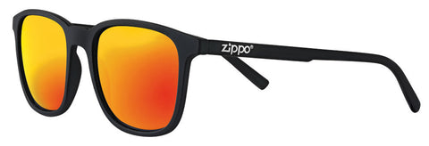Zippo Sonnenbrille Frontansicht ¾ Winkel mit goldfarbenen Gläsern und schmalem eckigem Rahmen in schwarz mit weißem Zippo Logo