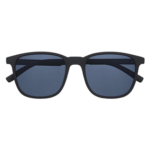 Zippo Sonnenbrille Frontansicht mit blauen Gläsern und schmalem eckigem Rahmen in schwarz mit weißem Zippo Logo