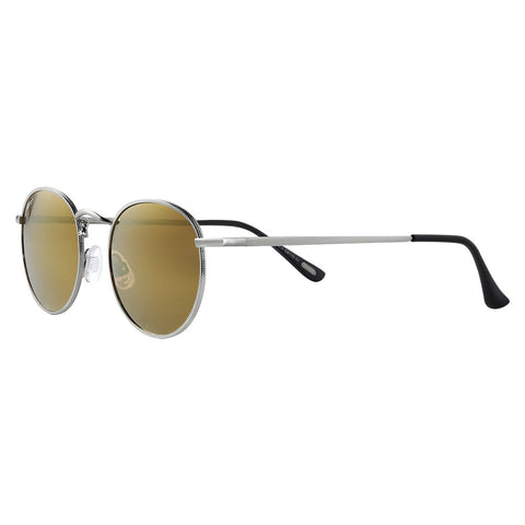 Zippo Sonnenbrille Frontansicht ¾ Winkel mit runden braunen Gläsern und silberfarbenem dünnen Metallrahmen mit schwarzer Endkappe