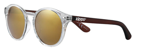Zippo Sonnenbrille Frontansicht ¾ Winkel mit transparentem Rahmen und Brillengläser und Bügel in braun