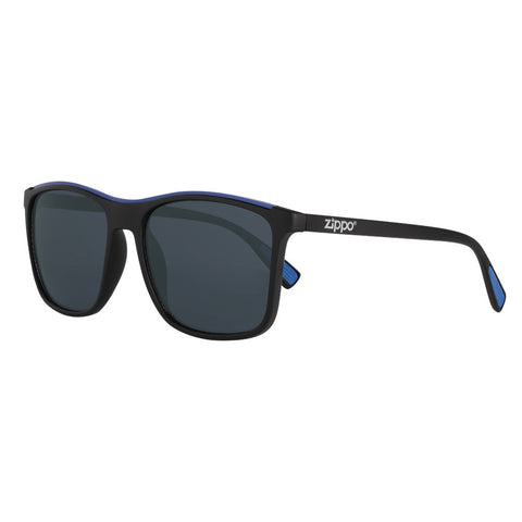 Frontansicht 3/4 Winkel Zippo Sonnenbrille schwarze Gläser mit schwarzem Rahmen sowie blauer Gummierung