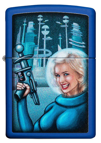 Frontansicht Zippo Feuerzeug Retro Futuristic Royal Blau Pinup Frau mit Strahlenpistole Web Debut