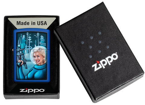 Zippo Feuerzeug Retro Futuristic Royal Blau Pinup Frau mit Strahlenpistole Web Debut in geöffneter Schachtel